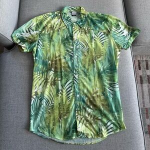 Tropical Green Leaf Jungle Men's Button Up Shirt With Collar